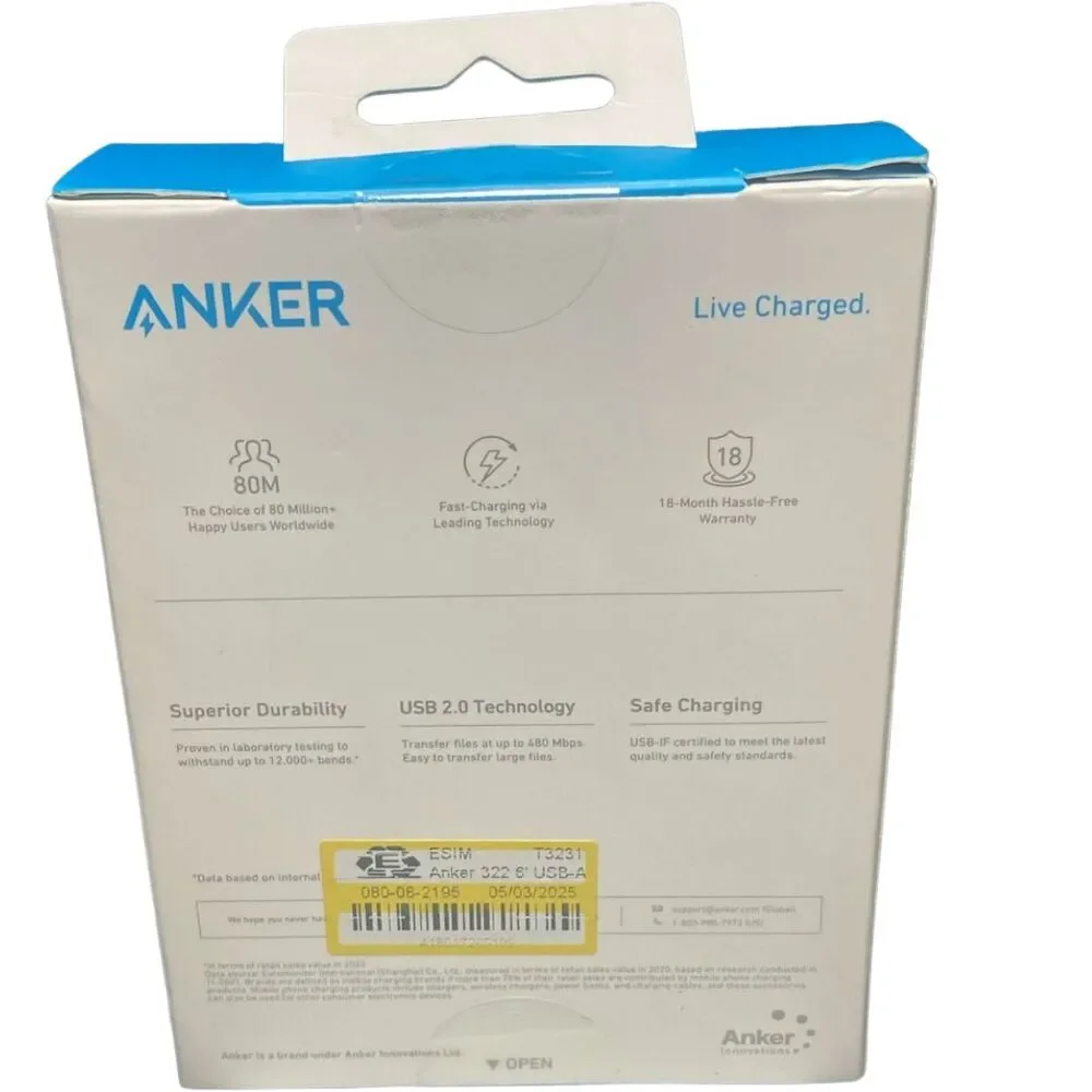 Anker 322 10ft USB-A to USB-C Braided Cable White, Fast Charge, New Open